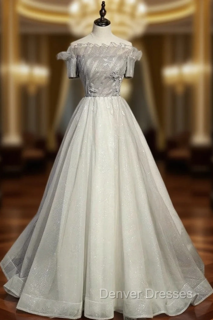 A-Line Gray Tulle Short Sleeve Beading Prom Dress