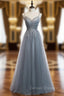 A-Line Gray Tulle Spaghetti Straps Sequins Prom Dress