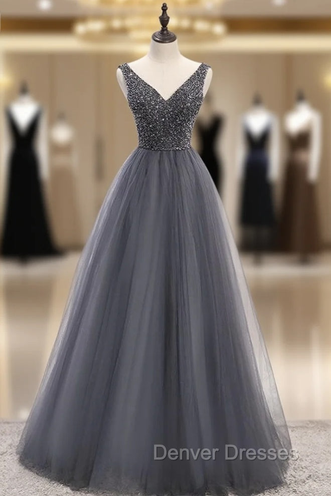 A-Line Gray Tulle V-neck Backless Beading Prom Dress