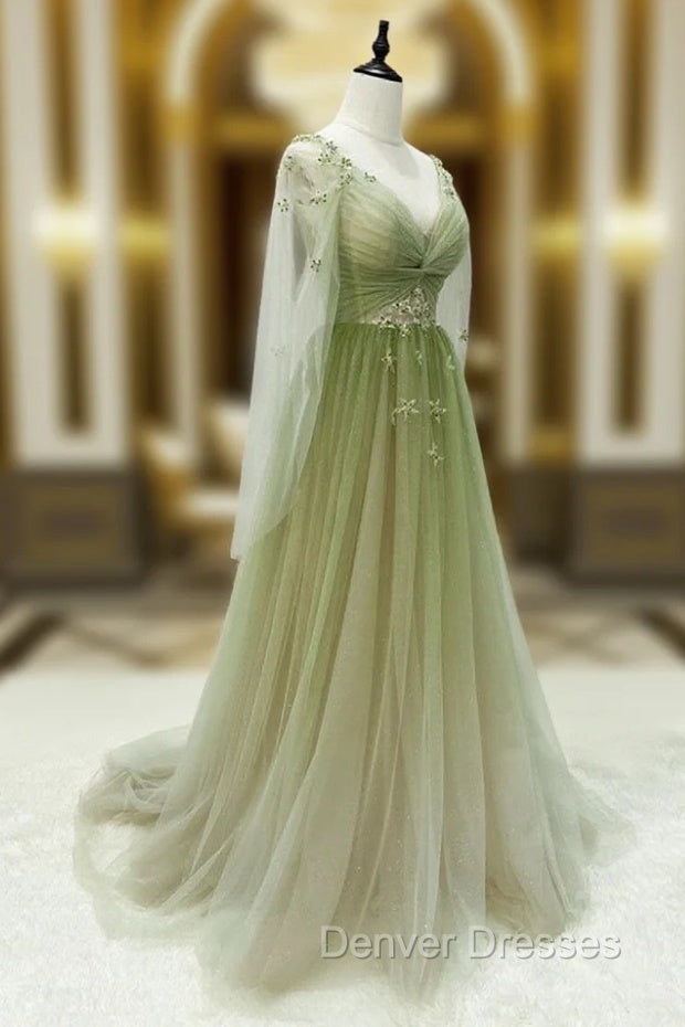 A-line Green Gradient Puffy Sleeves Tulle Long Party Dress, Green Long Prom Dress