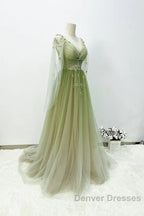 A-Line Green Gradient Tulle Long Sleeves Party Dress, V-Neckline Green Formal Dress Prom Dress