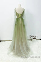A-Line Green Gradient Tulle Long Sleeves Party Dress, V-Neckline Green Formal Dress Prom Dress