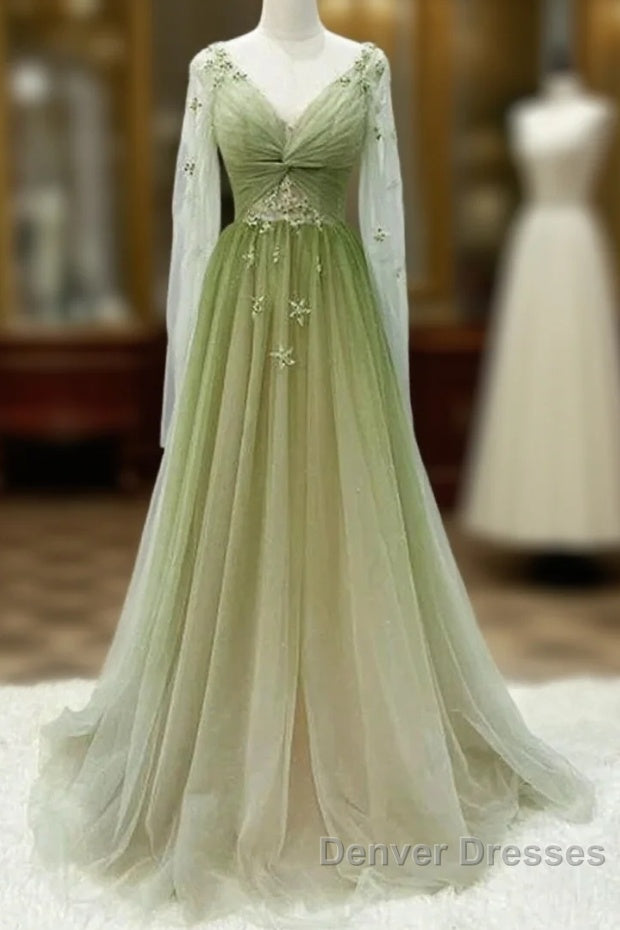 A-Line Green Gradient Tulle Long Sleeves Party Dress, V-Neckline Green Formal Dress Prom Dress