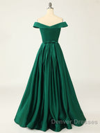 A-Line Green Off Shoulder Long Prom Dress, Green Formal Evening Dress