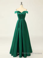 A-Line Green Off Shoulder Long Prom Dress, Green Formal Evening Dress