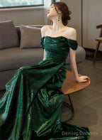 A-Line Green Off Shoulder Simple Evening Dress, Green Long Prom Dress