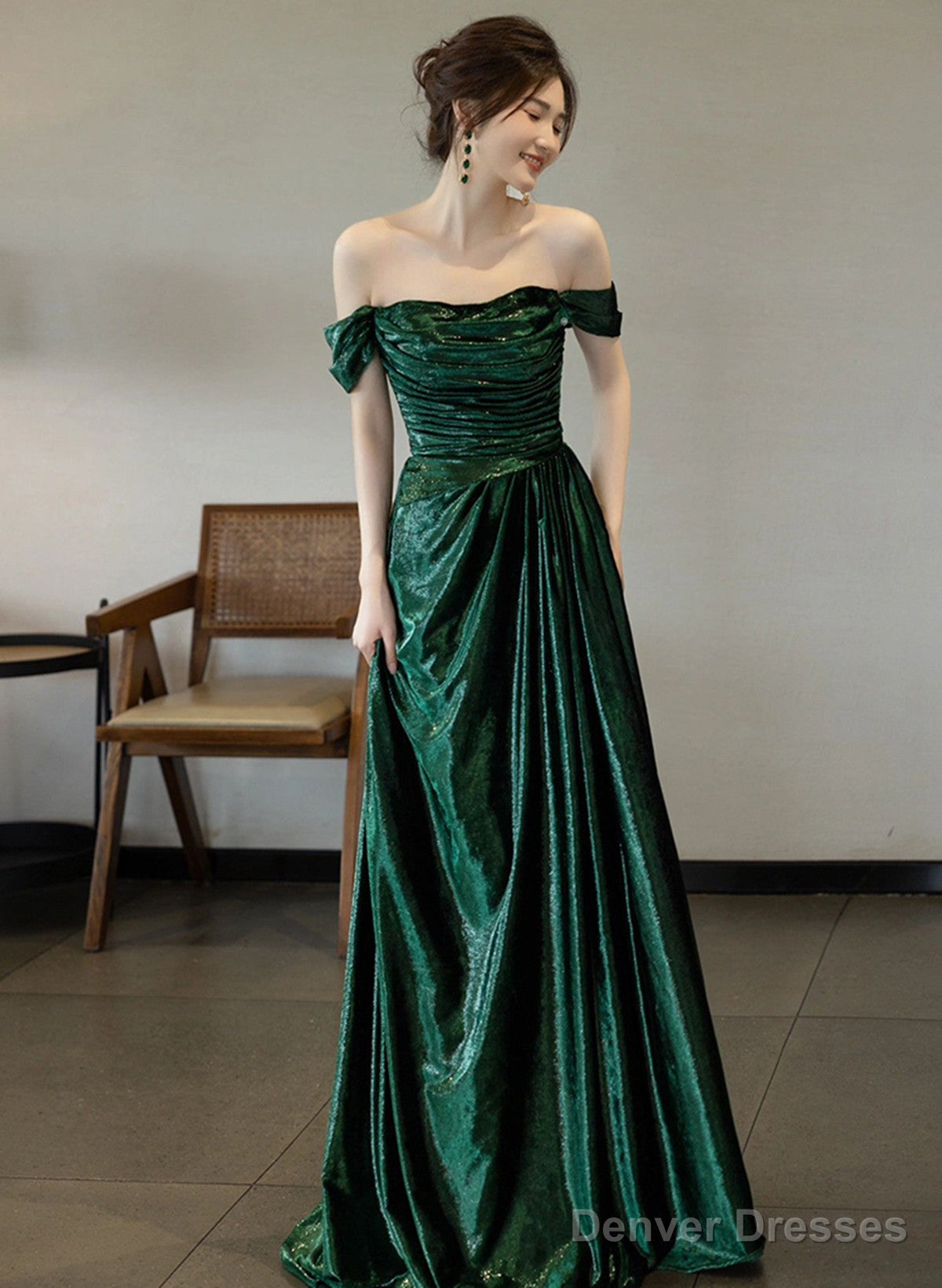 A-Line Green Off Shoulder Simple Evening Dress, Green Long Prom Dress Main image