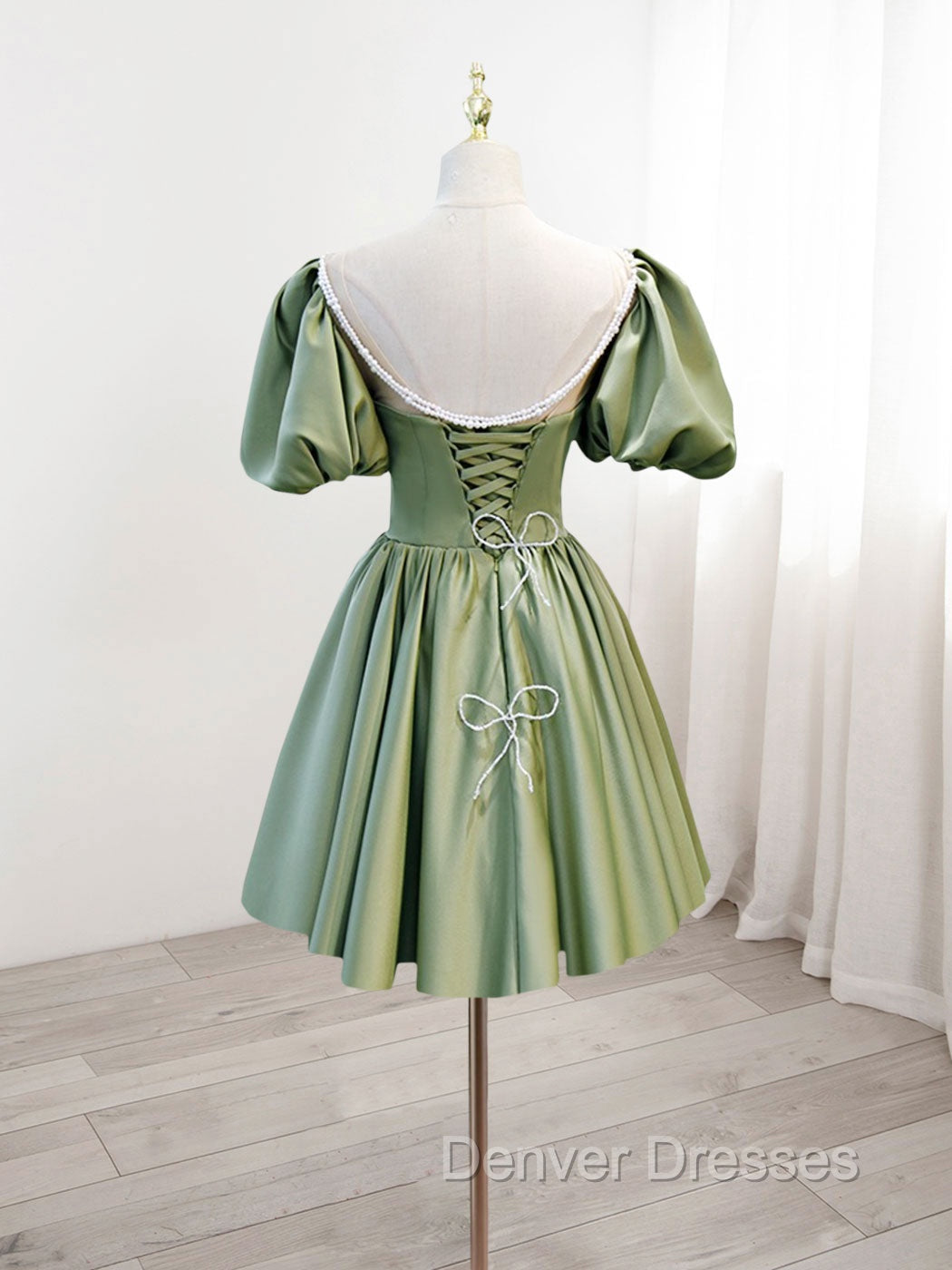 A-Line Green Puffy Sleeve Satin Short Prom Dress, Green Short Formal Dress Secondary image