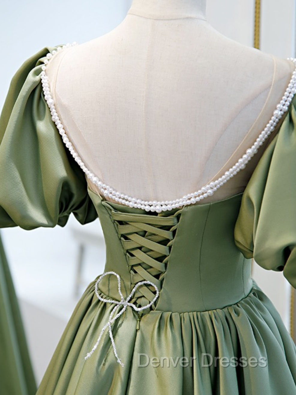 A-Line Green Puffy Sleeve Satin Short Prom Dress, Green Short Formal Dress