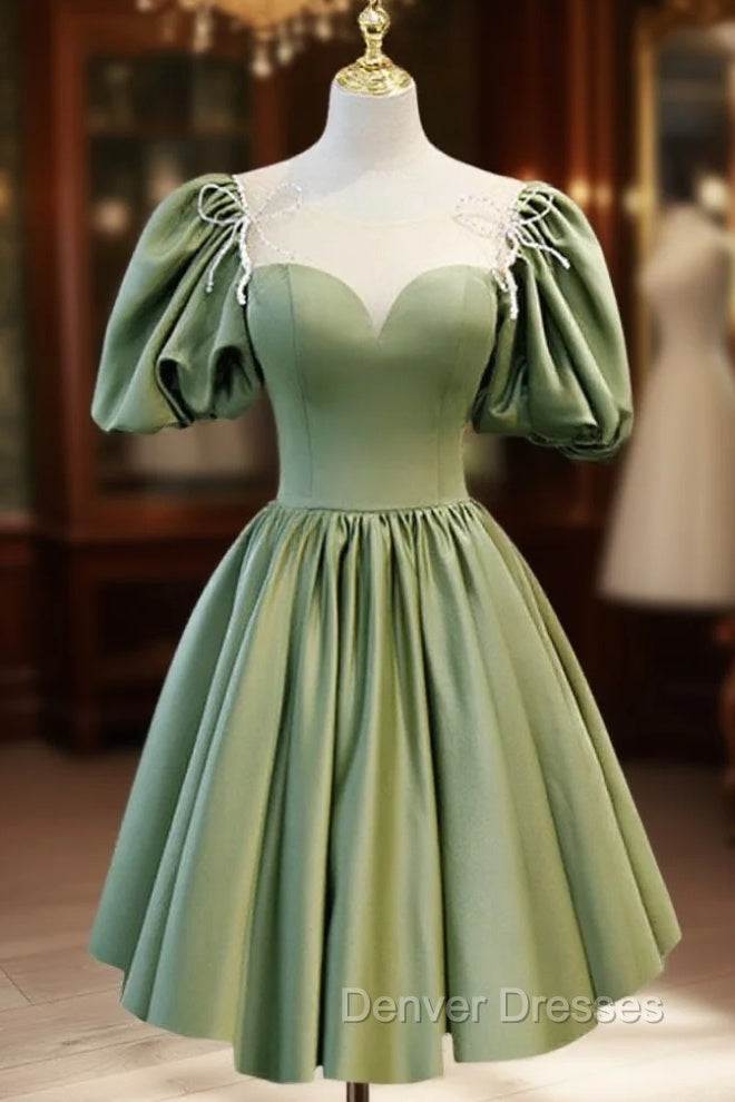 A-Line Green Puffy Sleeve Satin Short Prom Dress, Green Short Formal Dress Main image