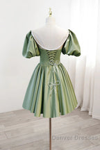 A Line Green Puffy Sleeve Satin Short Prom Dress Homecoming Dress