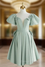A-Line Green Puffy Sleeve Short Prom Dress, Green Formal Dress
