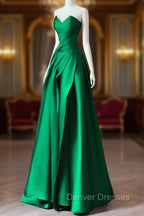 A-line Green Satin Lace-up Floor Length Party Dress, Green Satin Prom Dress