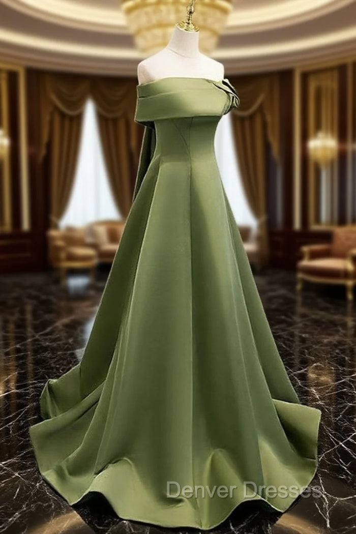 A-line Green Satin Off Shoulder Long Evening Dress, Green Floor Length Prom Dress Main image