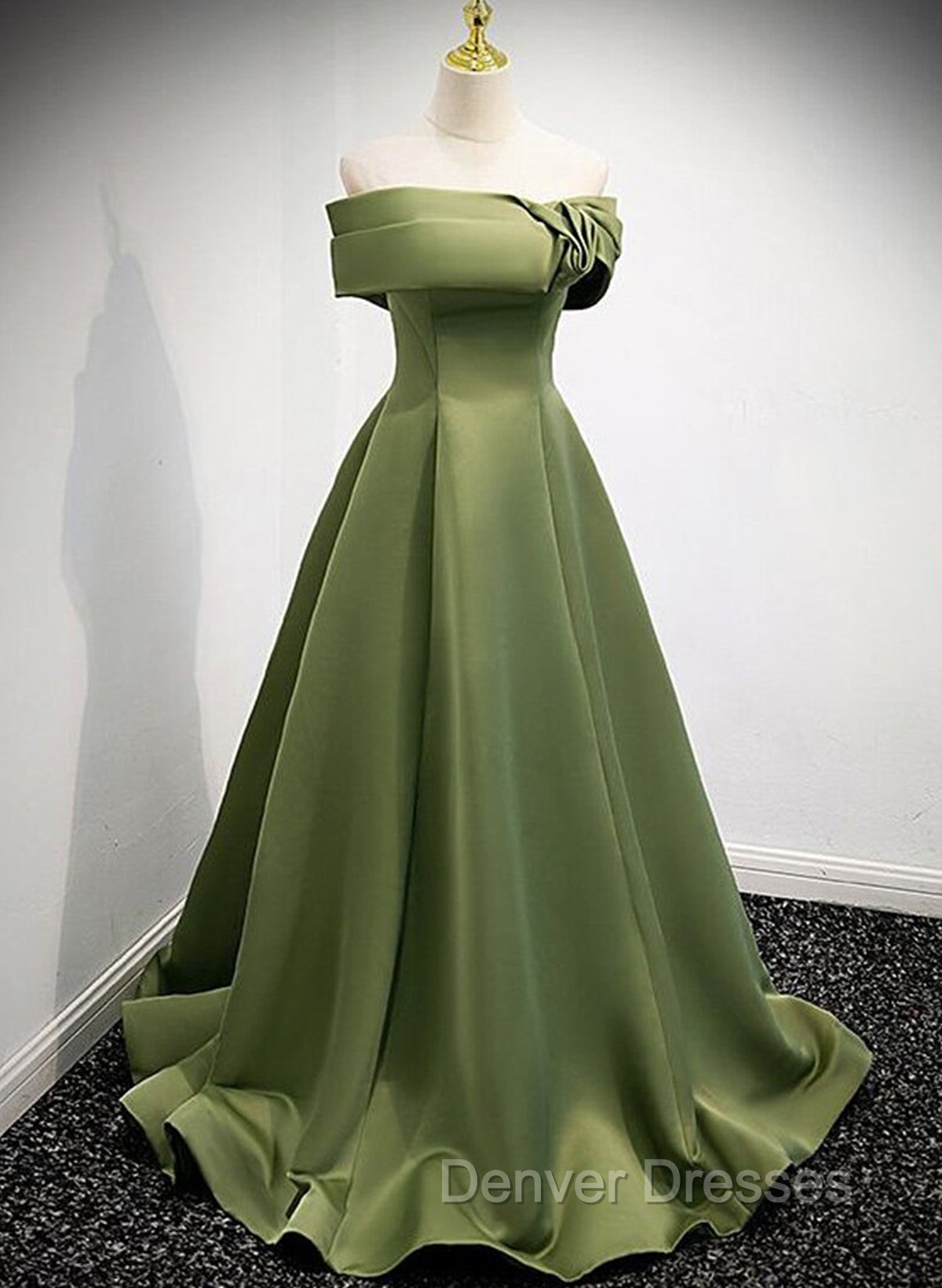 A-line Green Satin Off Shoulder Long Evening Dress, Green Floor Length Prom Dress Secondary image