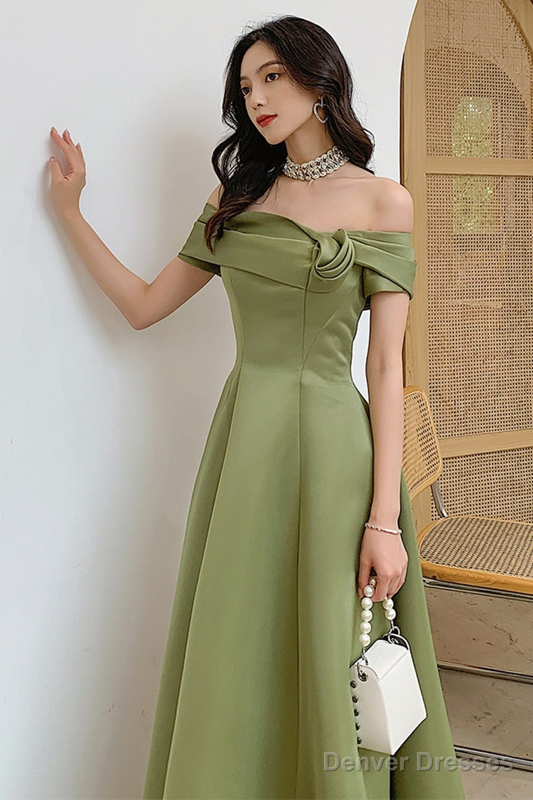 A-Line Green Satin Off Shoulder Long Party Dress, Green Floor Length Evening Dress Prom Dress Secondary image