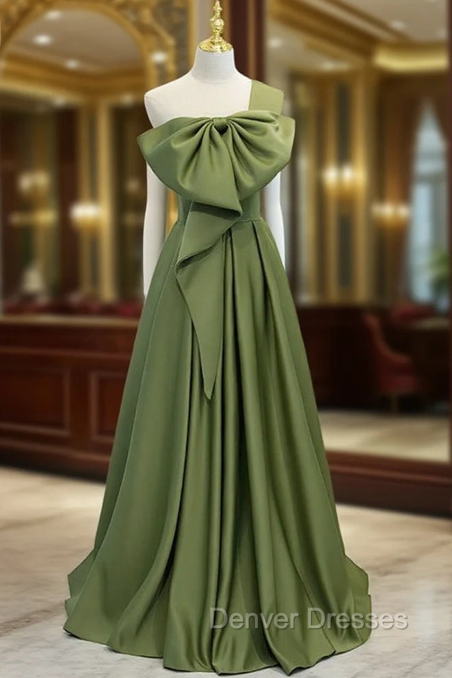 A-Line Green Satin One Shoulder Prom Dress With Bow Main image