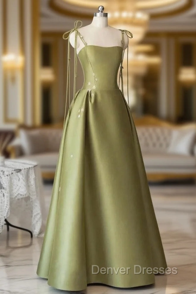A-line Green Satin Spaghetti Straps Prom Dress