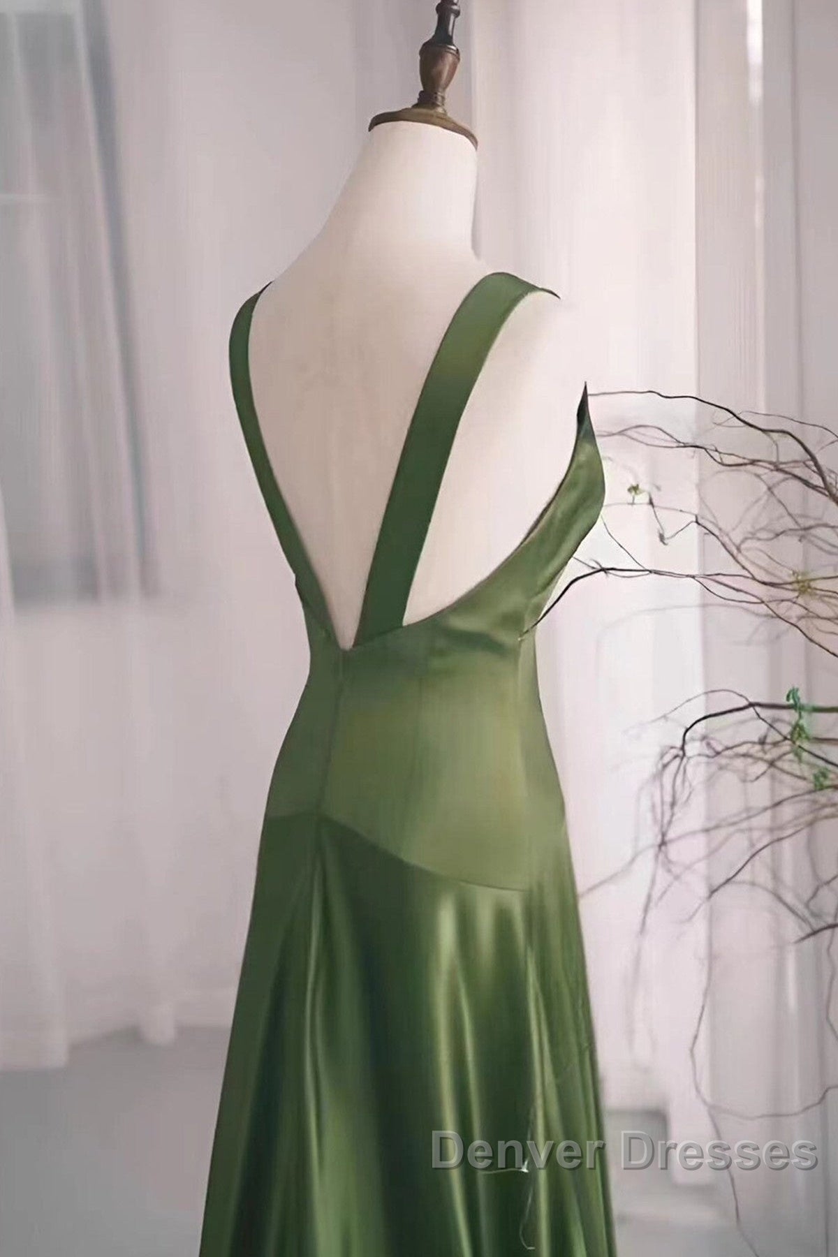 A-Line Green Satin V-Neckline Low Back Prom Dress, Green Evening Dress