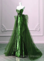 A-Line Green Sequins And Tulle Long Party Dress, Green Evening Dress Formal Dress