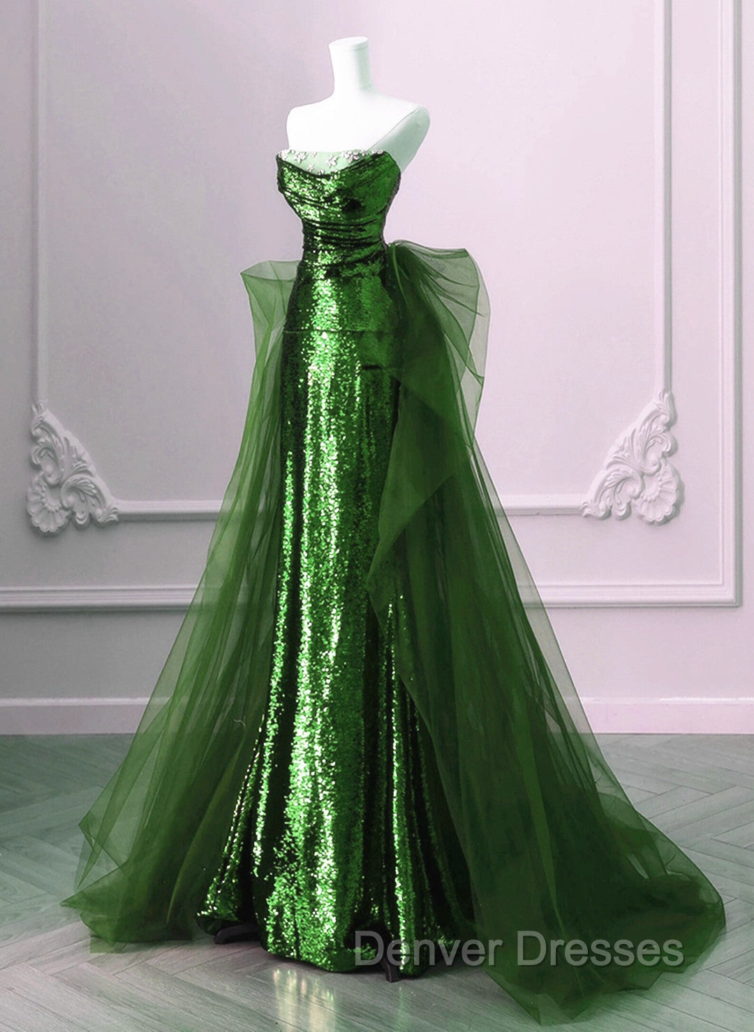 A-Line Green Sequins And Tulle Long Party Dress, Green Evening Dress Formal Dress