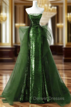 A-Line Green Sequins And Tulle Long Party Dress, Green Evening Dress Formal Dress