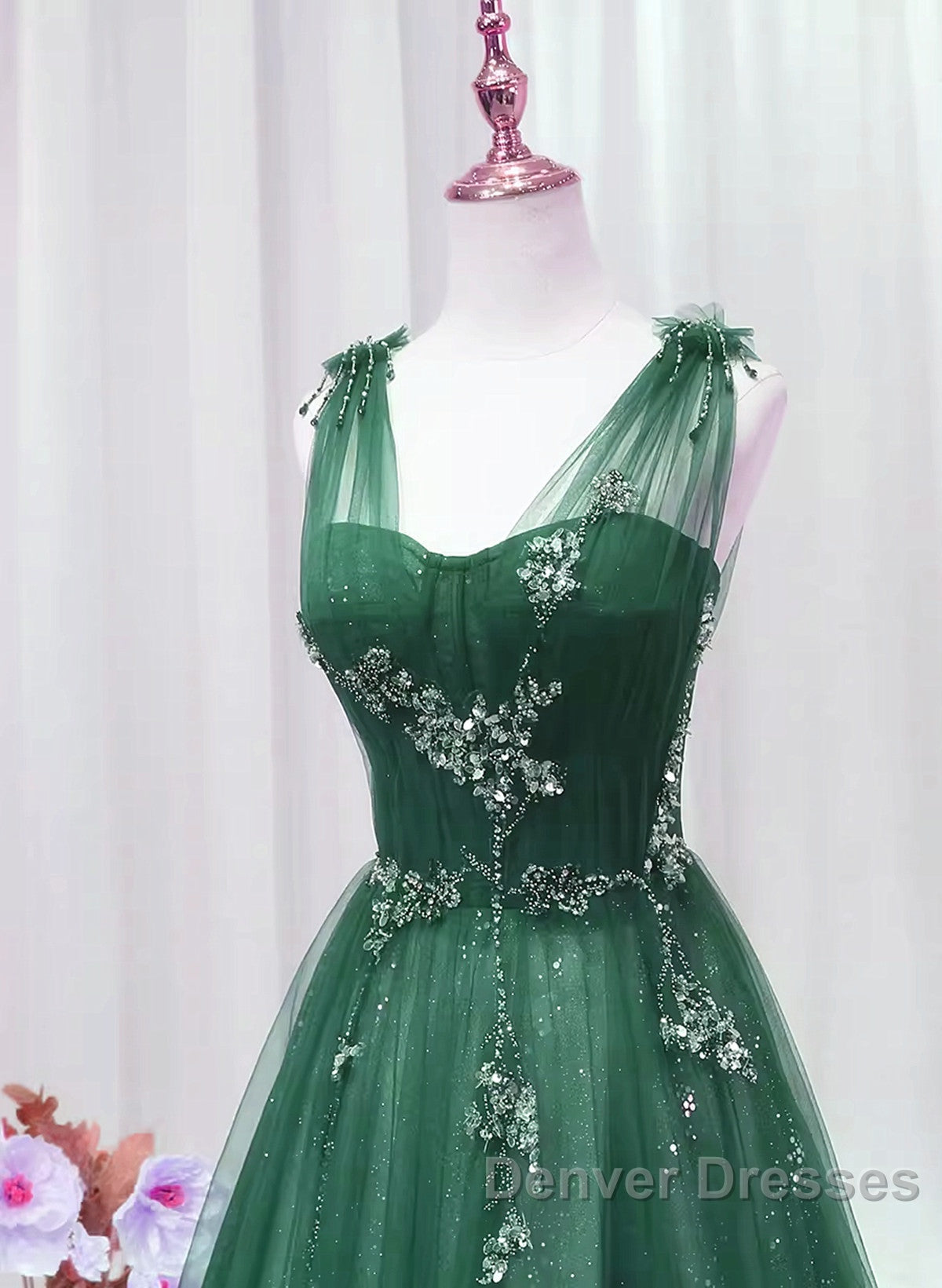 A-Line Green Sweetheart Beaded Tulle Prom Dress, Green Tulle Long Evening Dress Secondary image