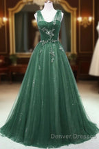 A-Line Green Sweetheart Beaded Tulle Prom Dress, Green Tulle Long Evening Dress