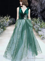 A-Line Green Tulle And Velvet Long Formal Dress, Green Tulle Party Dress Prom Dress