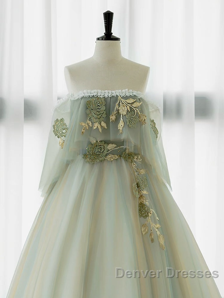 A-Line Green Tulle Lace Long Prom Dress, Green Tulle Lace Long Formal Dress Secondary image