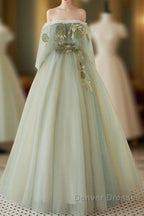 A-Line Green Tulle Lace Long Prom Dress, Green Tulle Lace Long Formal Dress
