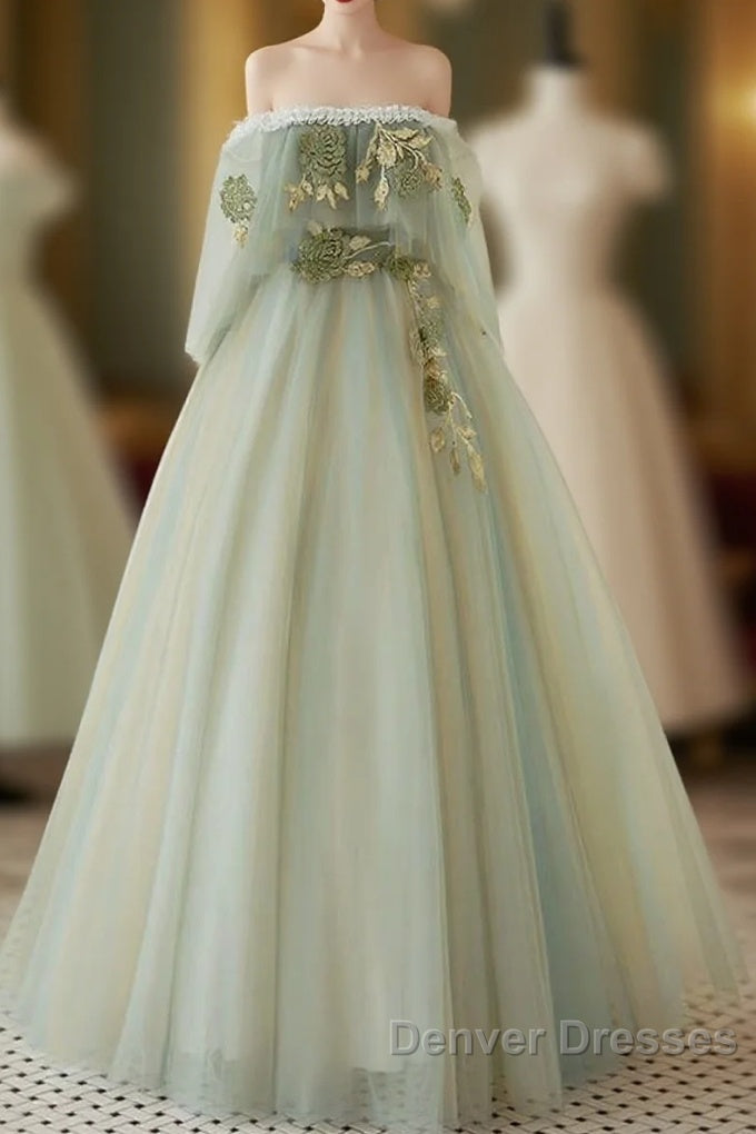A-Line Green Tulle Lace Long Prom Dress, Green Tulle Lace Long Formal Dress