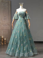 A-Line Green Tulle Lace Long Prom Dress, Green Formal Evening Dress