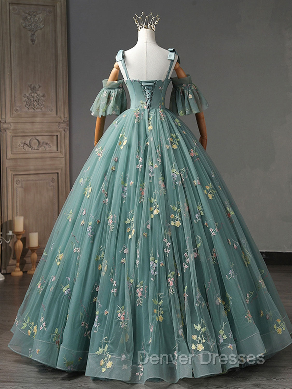 A-Line Green Tulle Lace Long Prom Dress, Green Formal Evening Dress