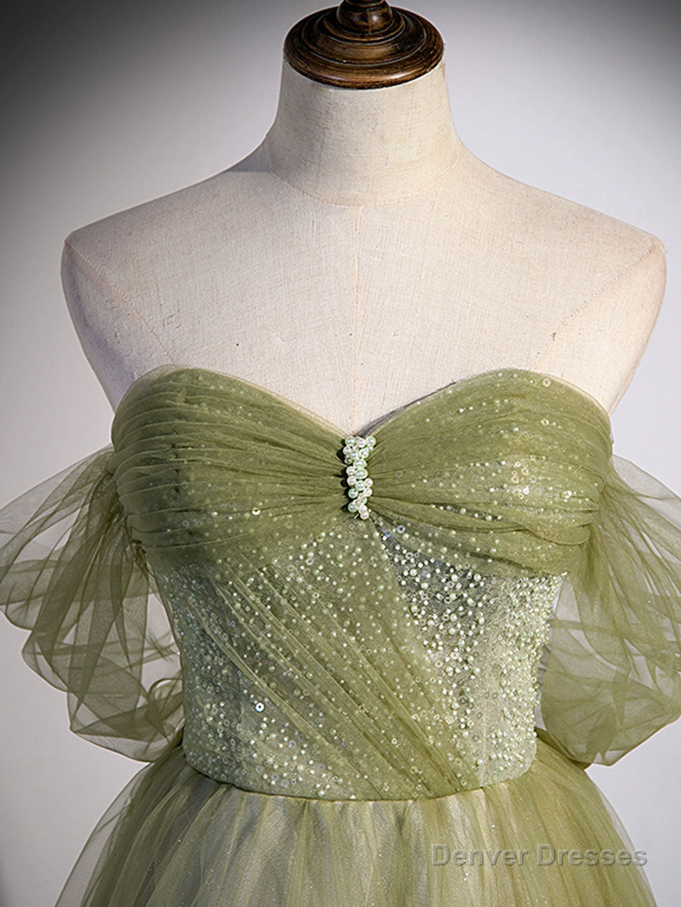 A Line Green Tulle Long Prom Dress, Green Formal Evening Dress with Beading Secondary image