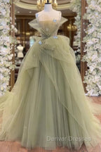 A-Line Green Tulle Long Prom Dress, Green Long Graduation Dress
