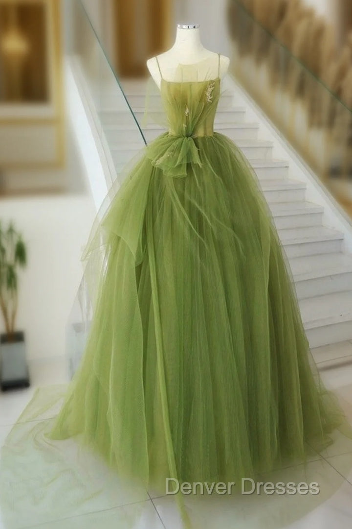 A-Line Green Tulle Long Prom Dress, Green Tulle Long Evening Dress Main image