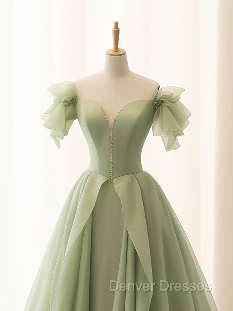 A-Line Green Tulle Long Prom Dress, Green Tulle Long Formal Dress Secondary image