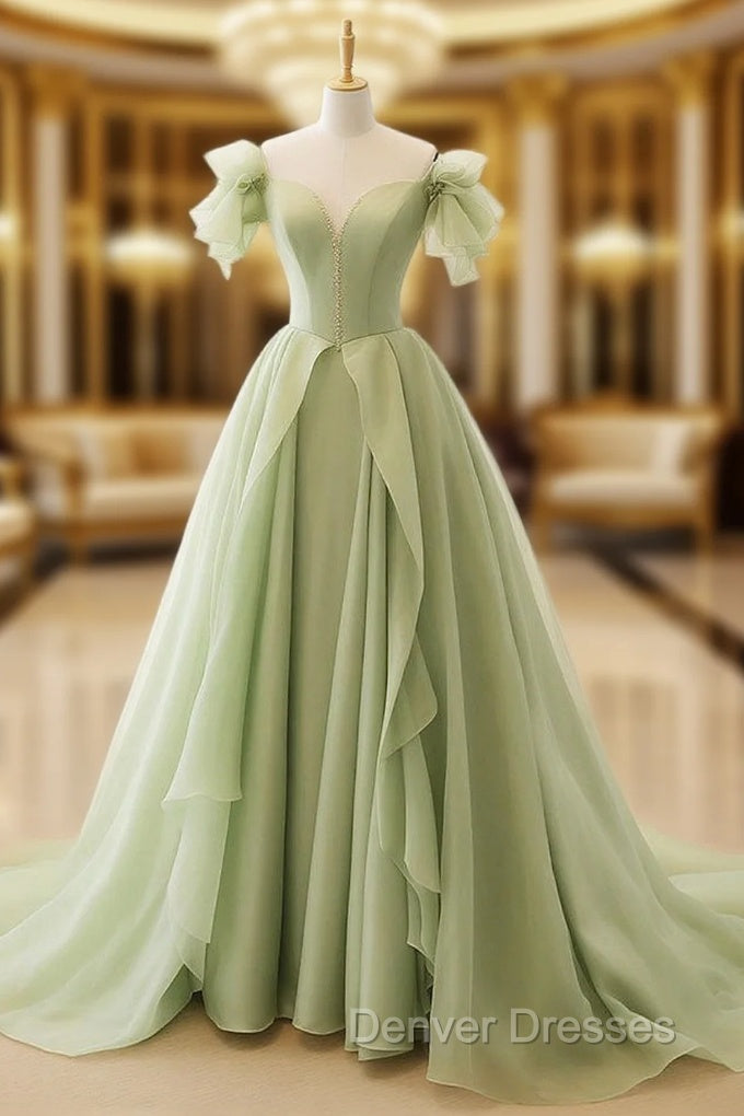 A-Line Green Tulle Long Prom Dress, Green Tulle Long Formal Dress Main image