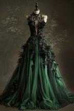 A Line Green Tulle Long Prom Dress Formal Applique Evening Dress