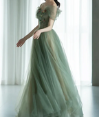 A-Line Green Tulle Long Prom Dress, Green Formal Evening Dress
