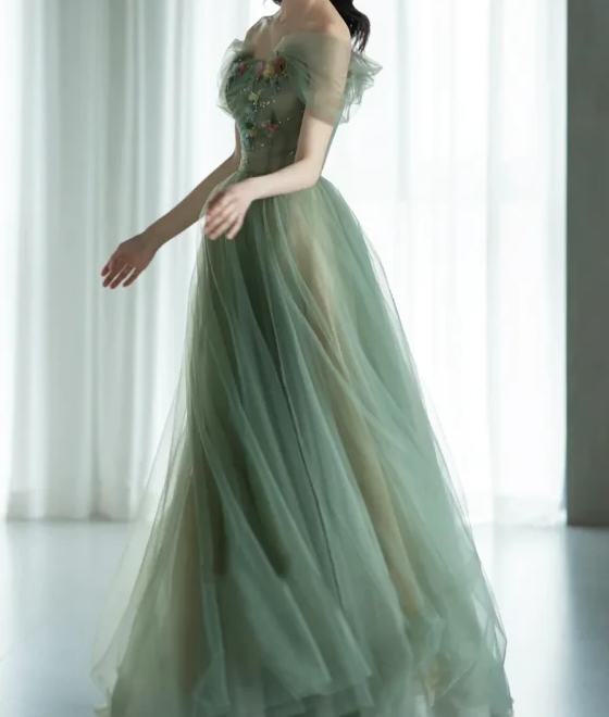 A-Line Green Tulle Long Prom Dress, Green Formal Evening Dress