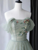 A-Line Green Tulle Long Prom Dress, Green Formal Evening Dress