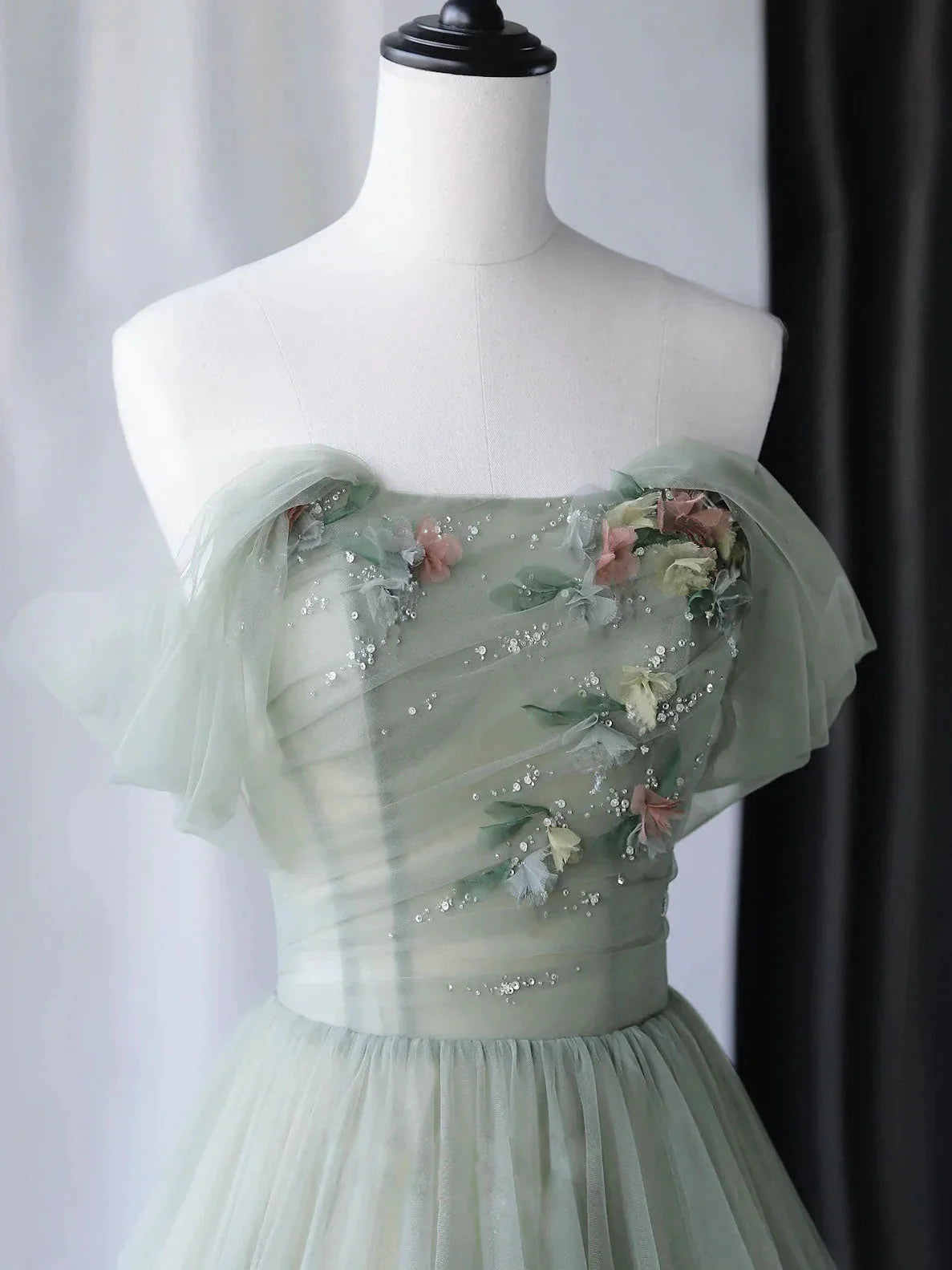 A-Line Green Tulle Long Prom Dress, Green Formal Evening Dress