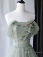 A-Line Green Tulle Long Prom Dress, Green Formal Evening Dress