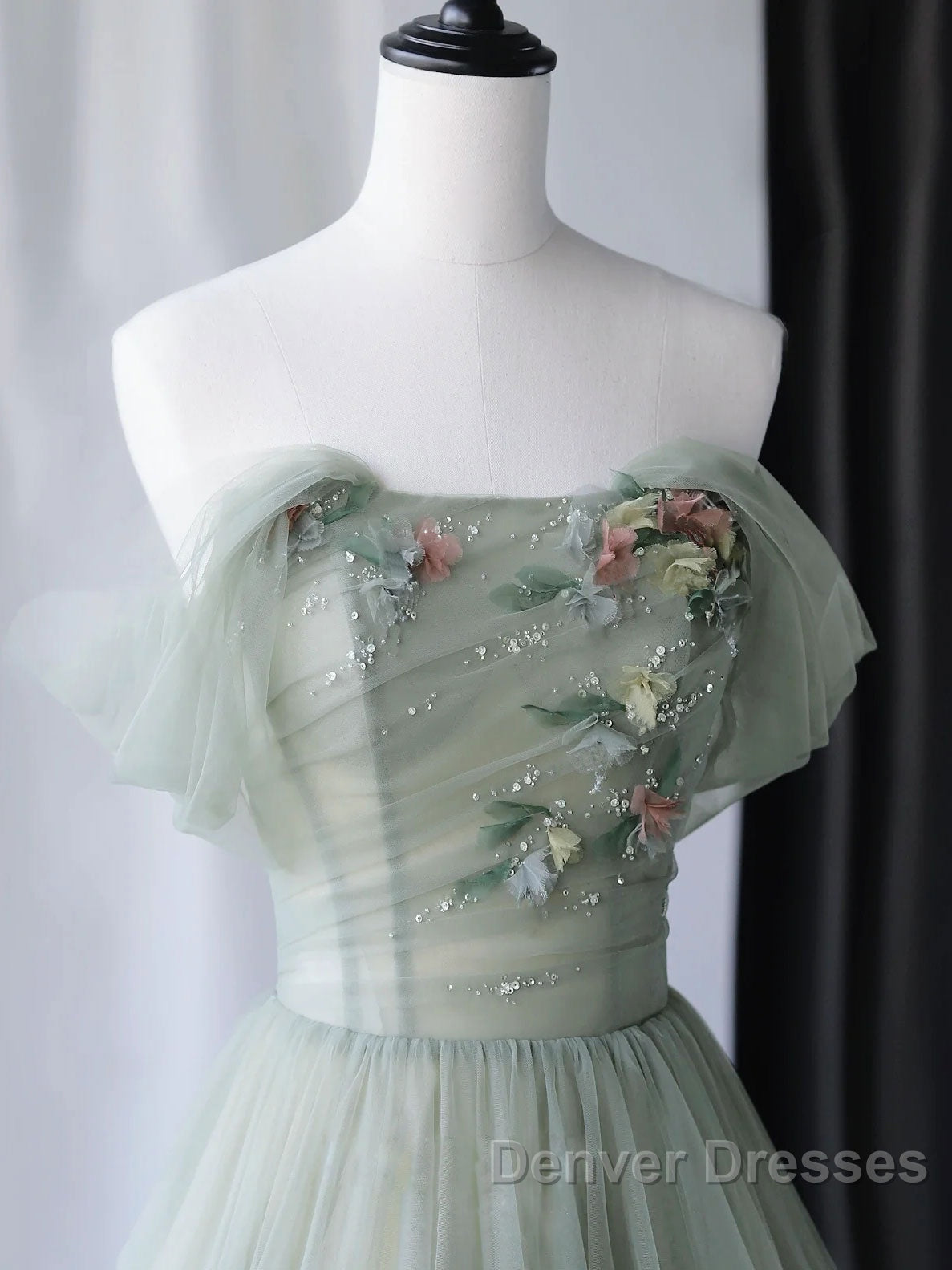A-Line Green Tulle Long Prom Dress, Green Formal Evening Dress