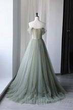 A-Line Green Tulle Long Prom Dress, Green Formal Evening Dress