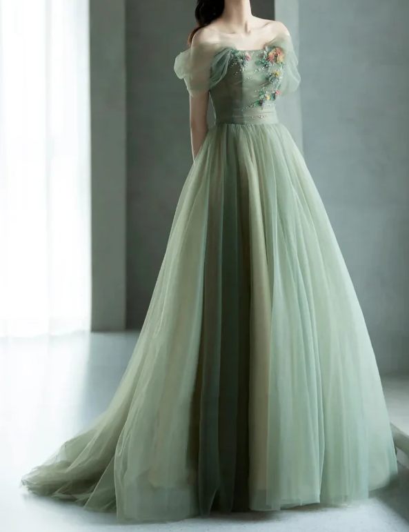 A-Line Green Tulle Long Prom Dress, Green Formal Evening Dress