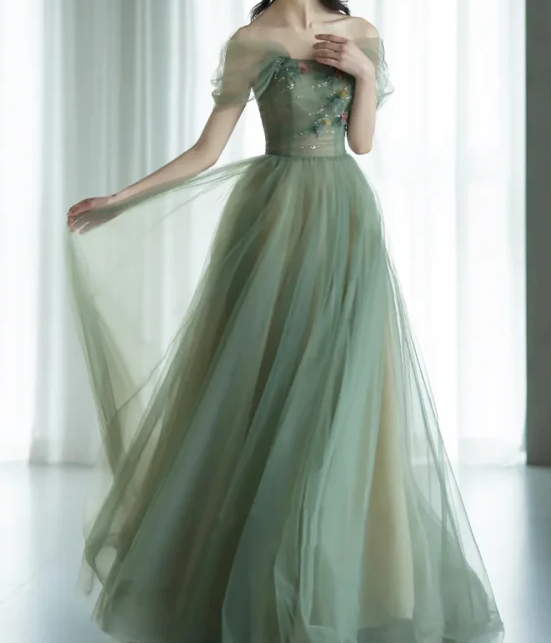 A-Line Green Tulle Long Prom Dress, Green Formal Evening Dress