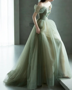 A-Line Green Tulle Long Prom Dress, Green Formal Evening Dress